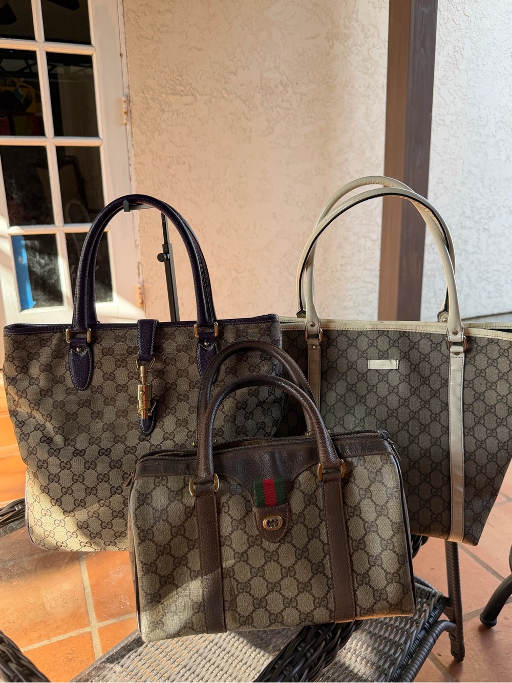 Gucci Monogram Tote & Satchel Set in Beige/Brown with Green-Red Stripe